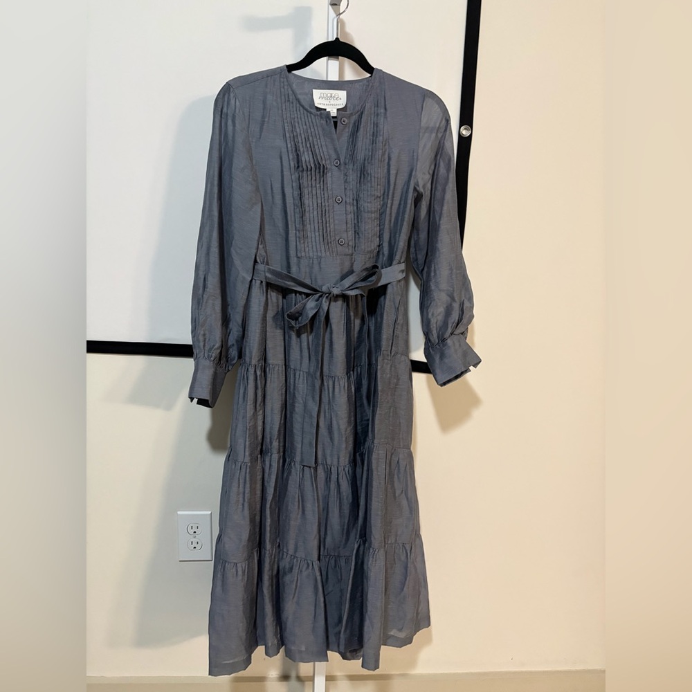 Anthropologie Slate Gray Tiered Midi Dress with Pintuck Bodice - Picture 3 of 6